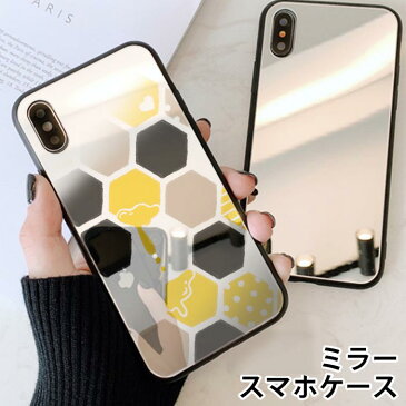 スマホケース ミラー 鏡面 ラウンド ガラス ハニカム柄 蜜蜂 ハチ みつばち はちみつ iphone12 pro iphone12mini iphone11 iphone11pro　iphoneXR iphoneXS iphone8 iPhoneケース TPU ガラスケース オシャレ かわいい 可愛い 背面ガラス 強化ガラス TPU ハードケース