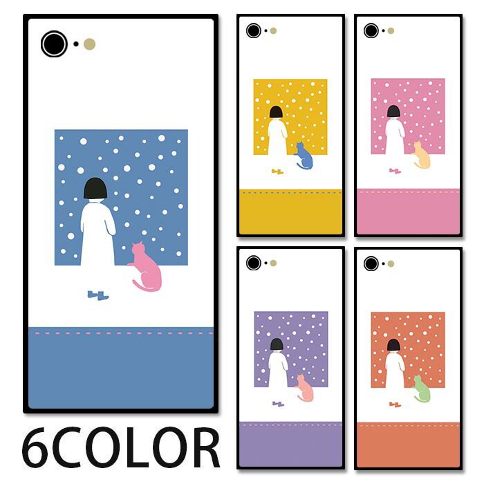 スマホケース スクエア ガラス 雪 北欧風 ゆる リラックス 手書き 猫 ネコ iphone15 pro MAX iphone14 pro MAX iphone13 pro iphone8 iphone8plus iPhoneケース 四角 TPU ガラスケース オシャレ かわいい 可愛い 背面ガラス 強化ガラス TPU ハードケース(2.0)