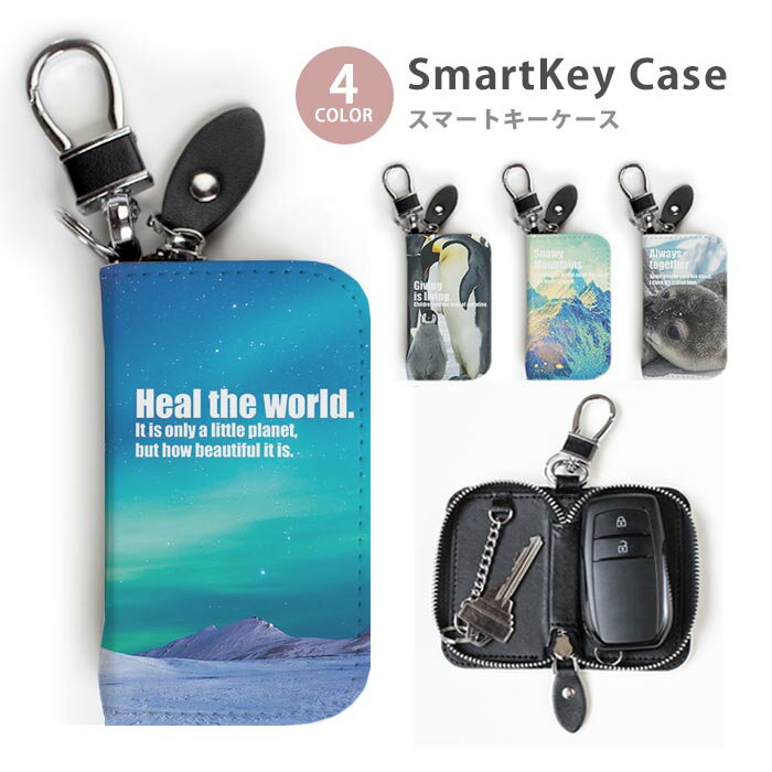 スマートキーケース レディース 雪山 氷山 オーロラ 南極 北極 ペンギン アザラシ キーホルダー スマートキー 鍵入れ キーリング キーチェーン ラウンドファスナー キーケース キーリング 鍵 メール便 送料無料