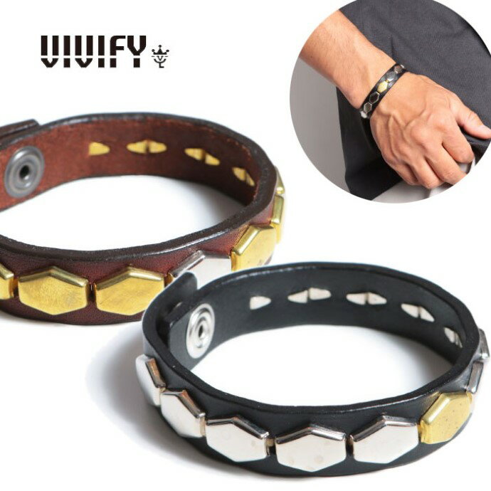 乐天商城 - 【VIVIFY 正規店】VIVIFY ビビファイ レザー ブレスレット スタッズ GoodLuck RowStuds Wristband/Hexagon