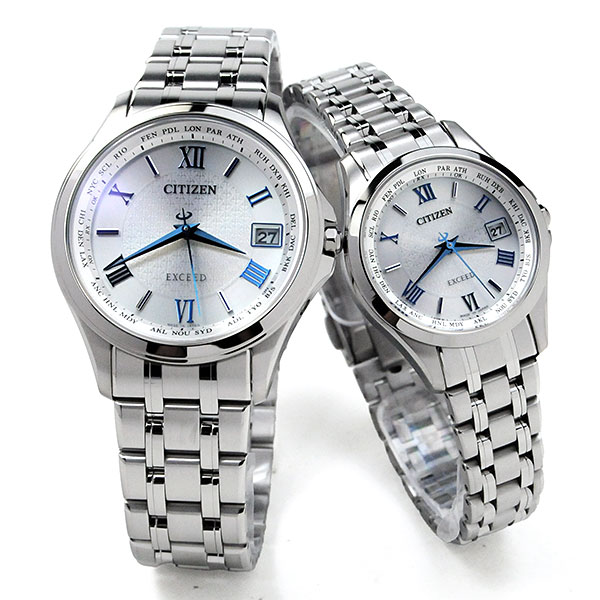 ペアウォッチ 夫婦 30代 40代 50代 シチズン エクシード ワールドタイム CB1080-52B-EC1120-59B 260,0 エコドライブ ソーラー電波時計 日本製 ワールドタイム機能 腕時計 ペア ブランド カップル ウォッチ 青針