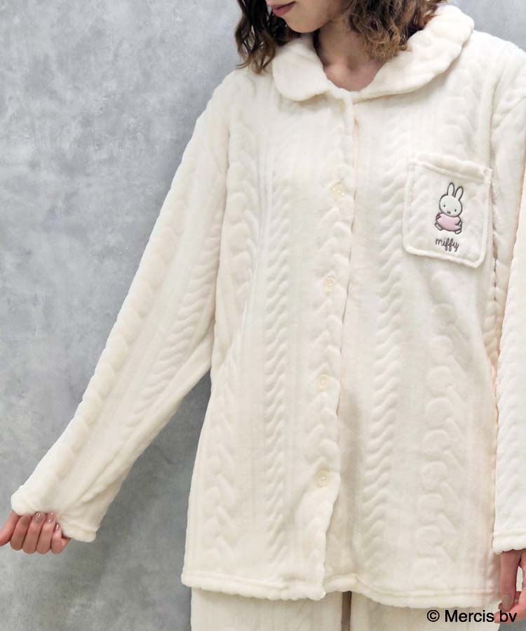 セール Miffy ミッフィー グッズ パジャマ ルームウェア 部屋着 レディース セットアップ 長袖 ふわもこ おしゃれ かわいい ギフト プレゼント ホワイト 白 チャコール ミッフィーロープ柄前開きパジャマ上下セット ブルーブルーエ bleubleuet