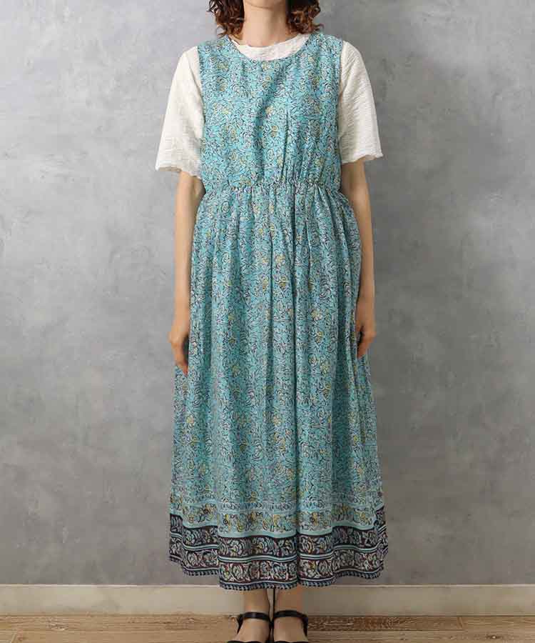 ワンピース レディース ロング ノースリーブ インド綿 エスニック アジアン 柄 おしゃれ コットン ポケット プレゼント 袖なし総柄ワンピース25NO6 ブルーブルーエ bleubleuetのサムネイル