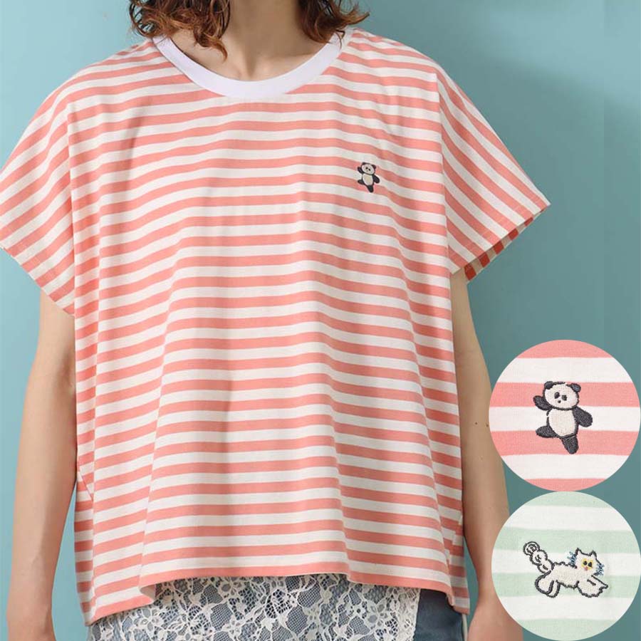 CYILABO チイラボ グッズ Tシャツ トップス カットソー レディース 半袖 おしゃれ ワンポイント 猫 パンダ ギフト プレゼント CYILABO刺繍ボーダーTシャツ ブルーブルーエ bleubleuet
