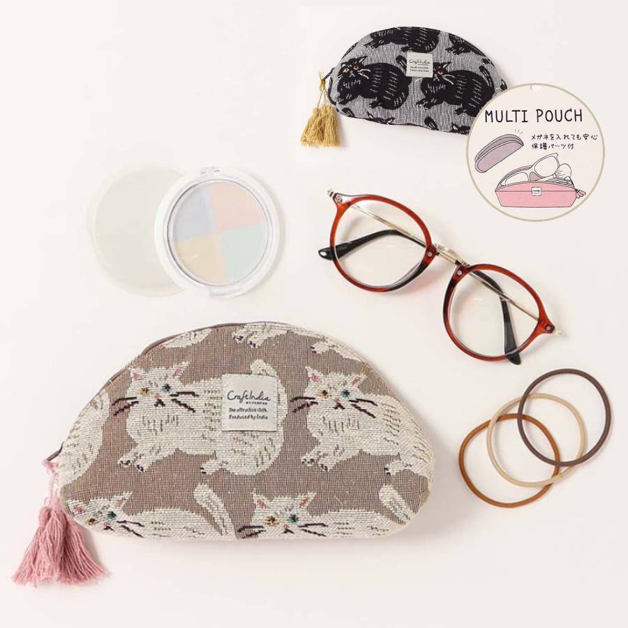 ポーチ 小物入れ 化粧ポーチ メガネ ケース ねこ 猫 グッズ オッドアイ 白猫 黒猫 おしゃれ かわいい レトロ めがね 収納 仕切り ギフト プレゼント ハンドメイド タッセル付き シャノア ペルレ クラフトインディアネコマルチポーチ ブルーブルーエ bleubleuet