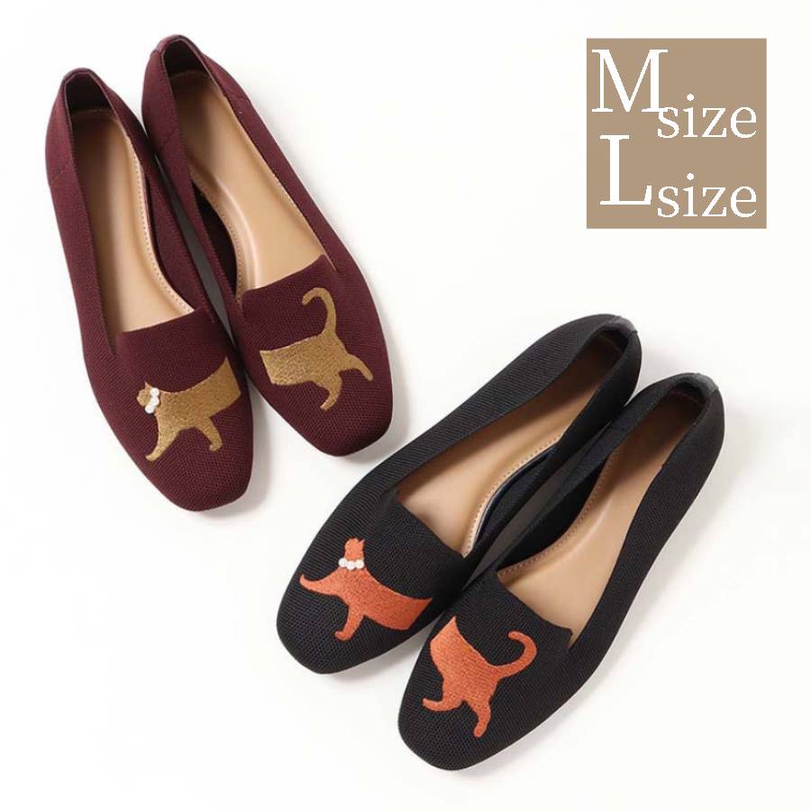 セール パンプス レディース 靴 おしゃれ かわいい ねこ 猫 柄 オペラ シューズ ローヒール ぺたんこ フラット 歩きやすい 秋冬 コーデ ファッション ギフト プレゼント ブラック 黒 バーガンディー ワイン ブルーブルーエ bleubleuet