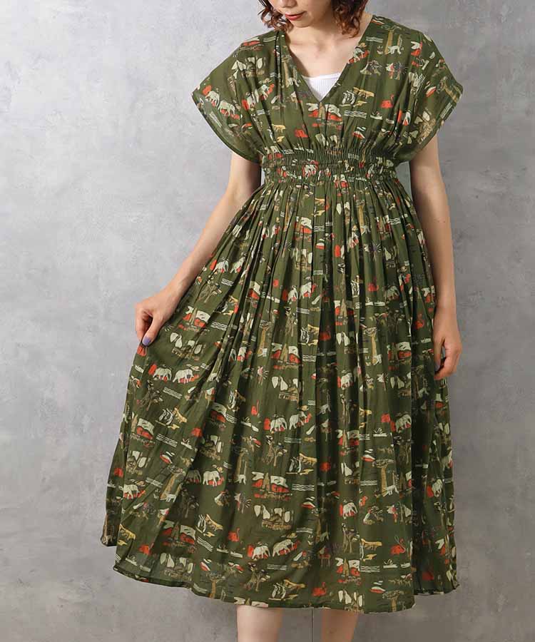 ワンピース レディース 半袖 インド綿 ロング ミモレ丈 動物 サファリ 柄 エスニック アジアン おしゃれ Vネック 夏 コーデ ポケット コットン プレゼント hb アニマル総柄ワンピース ブルーブルーエ bleubleuetのサムネイル