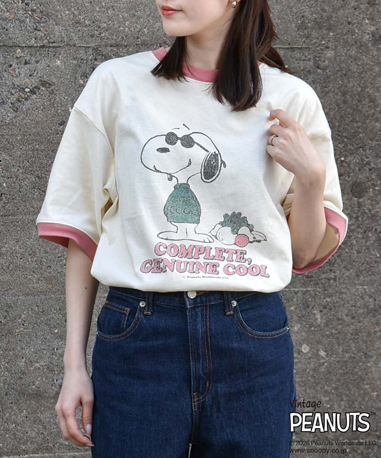 Snoopy グッズ Tシャツ 半袖 キャラクター レディース トップス カットソー 綿100％ 白 おしゃれ かわいい ゆったり かすれ プリント プレゼント ギフト スヌーピースラブリンガー天竺Tシャツ ブルーブルーエ bleubleuet