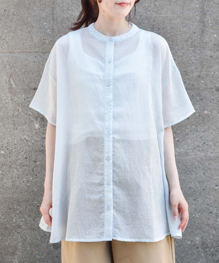 シャツ ブラウス シアー トップス レディース 半袖 前開き 透け感 羽織り おしゃれ かわいい 春夏 コーデ ギフト プレゼント サックス ピンク イエロー シアーストライプハーフスリーブシャツ ブルーブルーエ bleubleuet