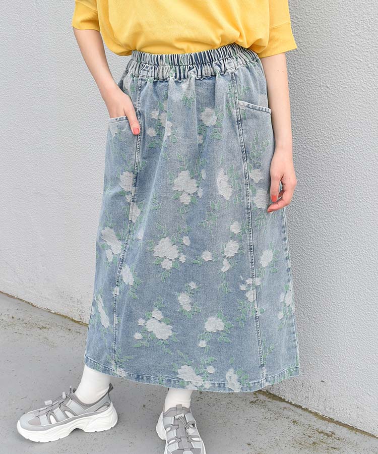 【送料無料対象商品】デニムスカート ロング ミモレ レディース ウエア ボトムス Aライン おしゃれ 花 フラワー バンダナ 柄 夏 コーデ ファッション フリーサイズ ゴムウエスト ギフト プレゼント 柄デニムスカート ブルーブルーエ bleubleuet