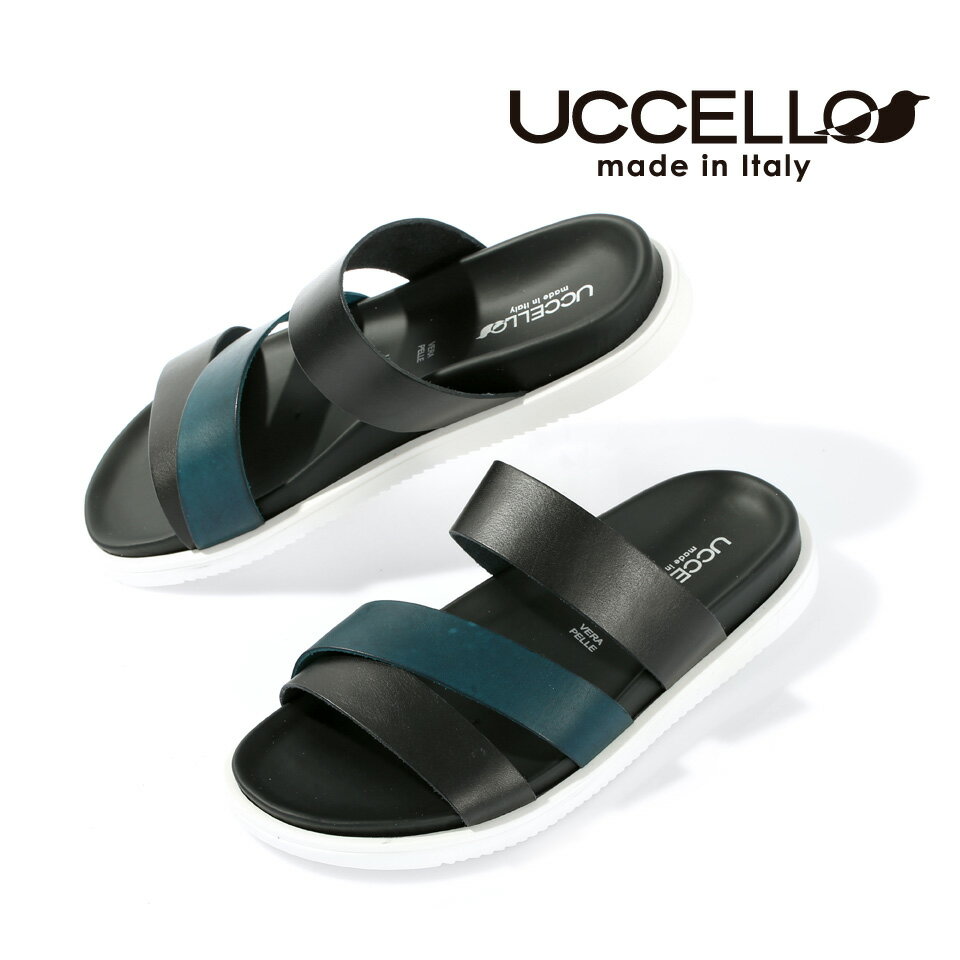 送料無料 セール サンダル メンズ カジュアル おしゃれ UCCELLO ウッチェロ イタリア製 レザーストラップサンダル ブラック ナイビー 手染め カウレザ...