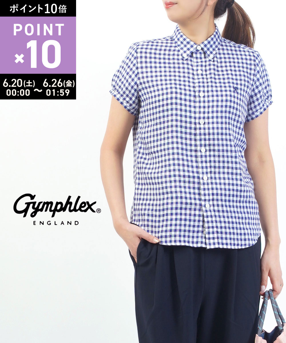 Rakuten - 【マラソン期間ポイント10倍】【LINEクーポン有】ジムフレックス Gymphlex 半袖 シャツ ブラウス トップス 春 夏 ストライプ チェック リネン 麻 パフスリーブ ボタンダウン 定番・GY-B0242LNP-0322501(レディース)(JP)
