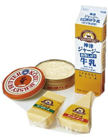 日本最古の西洋式牧場として有名な神津牧場では、日本で希少な約200頭のジャージー種の乳牛です。 ジャージ種は人懐っこく、牛の中でも一番頭がよく、体格は小さいですが、その生乳は乳脂肪、乳たんぱくの含有量が高い、という特徴があります。 この栄養たっぷりの生乳で作られた乳製品のうち人気の4点を選びました。 ■ジャージ牛乳　 1000ml 青い草をたっぷりと食べたジャージー牛の乳は、カロチンをたっぷりと含み、また、脂肪・カルシウムにも富んでいますから、濃厚な味と香りが特徴となっています 　 ※牛乳は無殺菌処理ですので賞味期間は1週間です。従って、お客様到着時点では賞味期限の残りが2-3日となりますのでご了承ください。 また夏と冬でパッケージデザインが異なります。 ■ 発酵缶バター　 225g　 芳醇な香りとまろやかさが特徴の発酵バターです。 牛が青草をたっぷりと食べているため、濃い黄色をしていて、ゴールデンバターと呼ばれて珍重されています。 　 ■チェダ—チーズ　100g　 深いコクとほのかな苦味が特徴のチーズです。赤ワインに向いています。 　 ■ゴーダチーズ　 100g　 ソフトでクリーミーな食べやすいタイプのチーズです。料理やオードブルに最適で、白ワインに向いています。