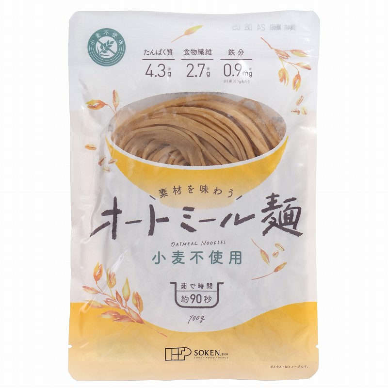 小麦粉を使用せず、オートミール粉と馬鈴薯澱粉のみで作ったオートミール麺です。ツルもち食感でクセが無く様々な味付けでお楽しみ頂けます。北海道産馬鈴薯の澱粉を使用。スープはついていません。温めても冷たくしても、お好みの味付けでお召し上がりいただけます。 ●半生タイプ。 ●ゆで時間　温：1分30秒〜冷：2分。 この商品は、おなつさんとの共同開発商品です。おなつさん：産後ダイエットをきっかけにオートミールを取り入れ、料理が苦手でも飽きずに食べ続けられる簡単レシピや初心者にもわかりやすい情報をInstagramで発信。また、雑誌や書籍などの様々なメディアで活躍中。 原材料： オートミール粉（オーツ麦（オーストラリア））、馬鈴薯澱粉