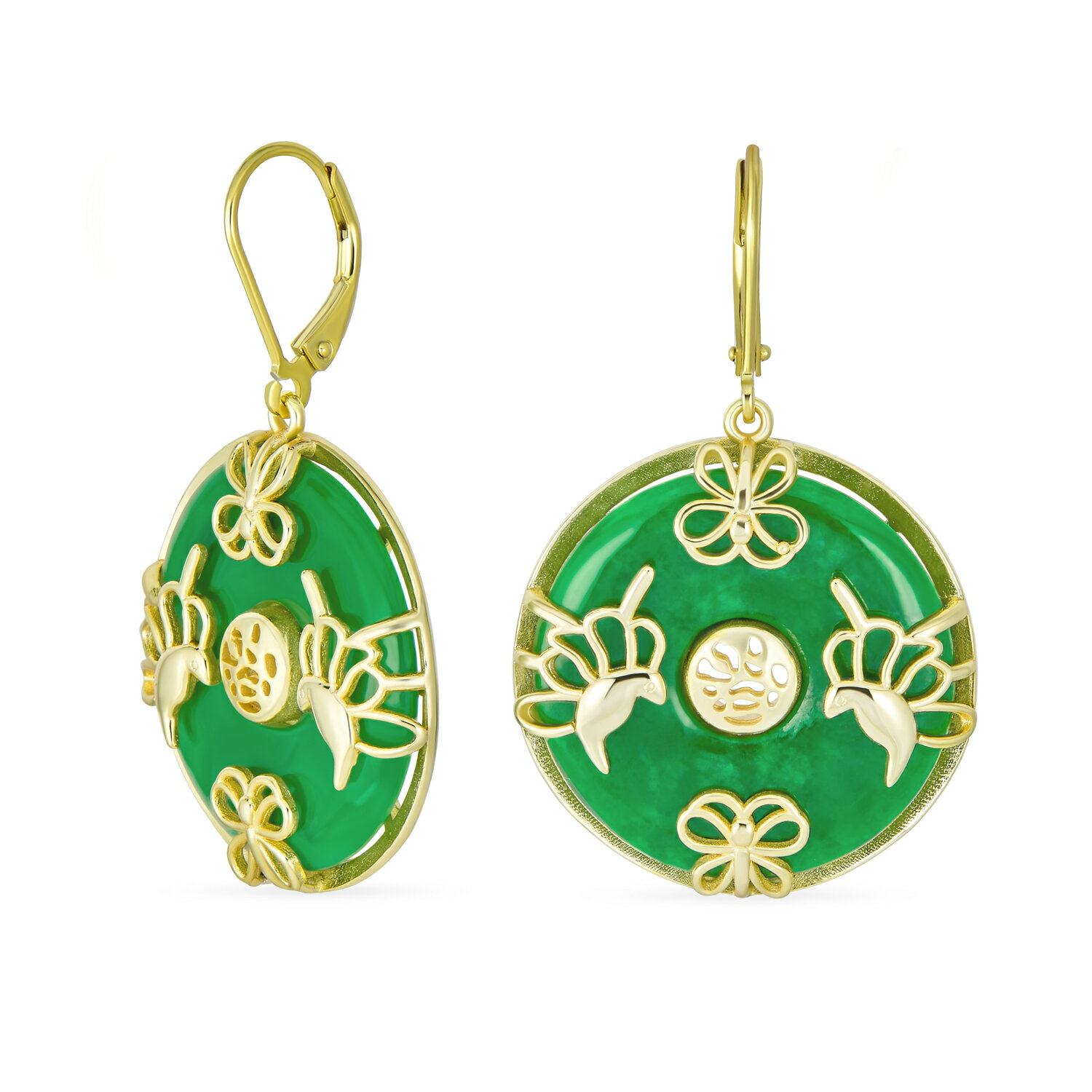 楽天Bling JewelryBling Jewelry アジアン スタイル ダングル サークル ラウンド ドーナツ グッド フォーチュン グリーン ジェイド バタフライ ディスク ドロップ ステートメント ピアス女性のため 14 K ゴールド オーバーレイ .925 スターリング シルバーのレバー バックします。