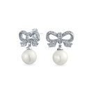 Bling Jewelry ビクトリア朝のスタイル カクテル結婚式ブライダル繊細なリボン キュービックジルコニア ホワイト真珠 CZ パヴェ弓スタッド ドロップ イヤリング女性のメッキ シルバー