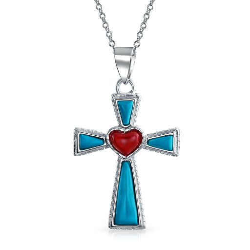 Bling Jewelry 南西スタイルの宝石ブルー安定化ターコイズレッドハートクロスペンダント宗教的.925スターリングシルバーネックレス女性用ティーン用 Bling Jewelry 南西スタイルの宝石ブルー安定化ターコイズレッドハートクロスペンダント宗教的.925スターリングシルバーネックレス女性用ティーン用
