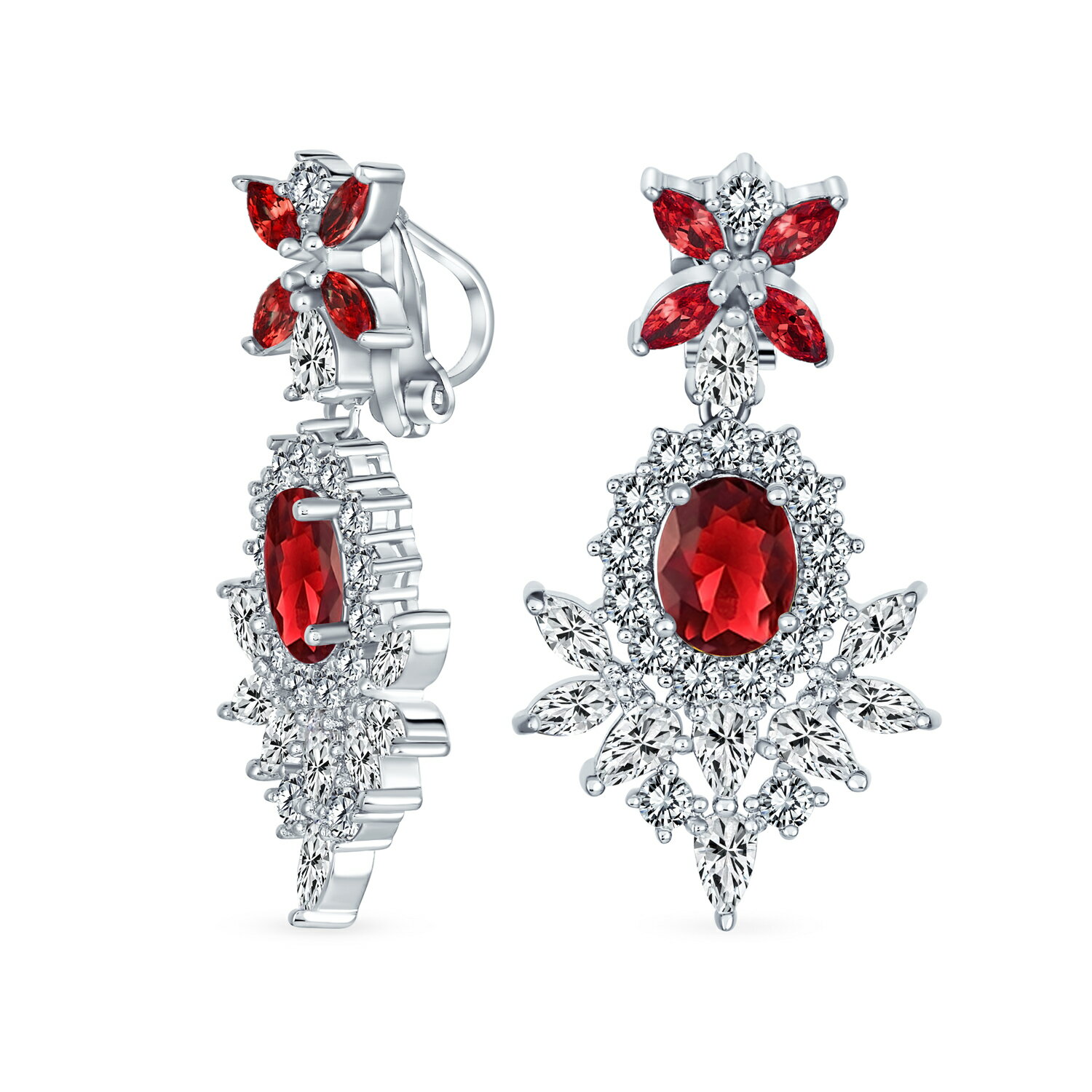 Bling Jewelry ヴィンテージ アールデコ スタイル レッド シミュレート ルビー キュービック ジルコニア AAA CZ ステートメント ダングル フォーマル シャンデリア クリップ オン イヤリング ウェディング プロム ページェント シルバー メッキ