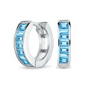 Bling Jewelry ブライダルクラシックバゲットカットCZチャンネルセットKpopハギーフープイヤリング女性男性用シミュレーテッドアクアマリンブルーキュービックジルコニア.925スターリングシルバー(4)