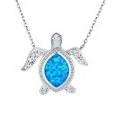 Bling Jewelry 大型の航海熱帯ビーチバケーション虹色ブルーの合成オパールインレイバリカメ宝石シータートルペンダントステーションネックレス女性ティーン用 .925 スターリングシルバー10月誕生石