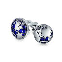 Bling Jewelry 卒業式用エグゼクティブ男性向けトラベラーワールドマップブルーラウンドドームグローブカフリンクス バレットヒンジバック シルバートーン ステンレススチール