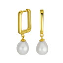 Bling Jewelry ブライダル簡単な白い淡水養殖真珠のペアシェイプ涙ミニペーパークリップフープハギードロップイヤリング女性の結婚式6月の誕生石の黄色14Kゴールドプレート.925スターリングシルバーのために