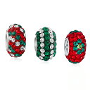 Bling Jewelry クリスマスの休日赤い緑の花の縞の水晶組合せの束は3つの.925スターリングシルバーダングルの魅力のビードが女性のティーンズのためのヨーロッパの魅力のブレスレットに合うことを置いた