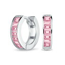 Bling Jewelry ブライダルクラシックバゲットカットCZチャンネルセットKpopハギーフープイヤリング女性男性用シミュレーテッドピンクトルマリンキュービックジルコニア.925スターリングシルバー