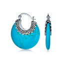 Bling Jewelry 女性用ボホウェスタンスタイルのトライバルブルー安定化ターコイズラウンドハーフクレセントフープイヤリング、酸化ミルグレインキャビアビーズ.925スターリングシルバー