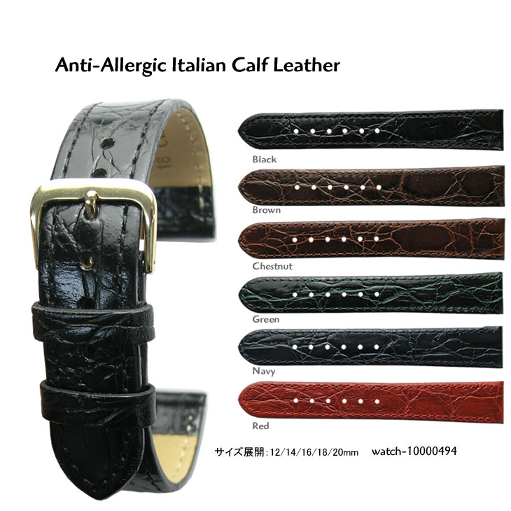 【送料無料】Alligator Style 12mm 14mm 16mm 18mm 20mm Calf Leather and Aluminium Mirror Gold Silver Buckle / 時計 ベルト バンド..