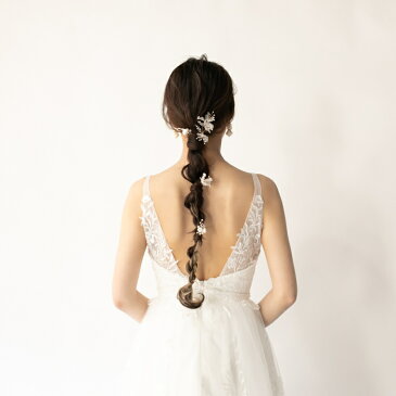 ウェディング ヘッドドレス【小枝 シフォン&ホワイトフラワー 5P ヘアピン】ヘッドアクセサリー ヘアアクセサリー ブライダル 髪飾り 小枝アクセサリー ナチュラル リーフ ビジュー フラワー 花 小物 ウエディング 結婚式 二次会 和装 演奏会 卒業式 発表会