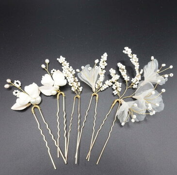 ウェディング ヘッドドレス【小枝 シフォン&ホワイトフラワー 5P ヘアピン】ヘッドアクセサリー ヘアアクセサリー ブライダル 髪飾り 小枝アクセサリー ナチュラル リーフ ビジュー フラワー 花 小物 ウエディング 結婚式 二次会 和装 演奏会 卒業式 発表会