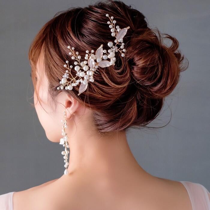 ウェディング ヘッドドレス【小枝 ピンクゴールド リーフ パール ヘッドドレス】ヘアアクセリー ヘッドアクセサリー …