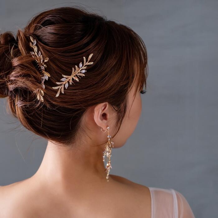 ウェディング ヘッドドレス 3点セット 【 ゴールド リーフ ＆ ジルコニア 3Pヘッドドレス 】ヘアアクセリー ヘッドア…