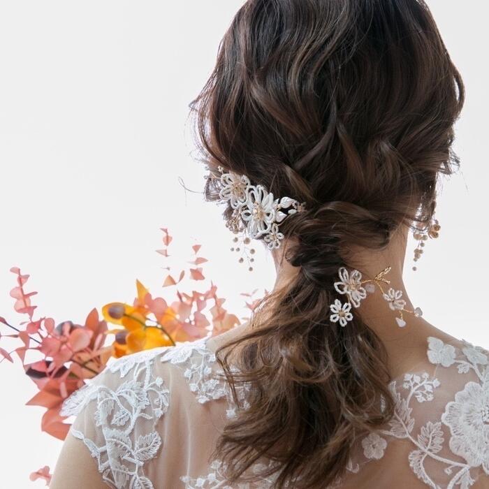 ウェディング ヘッドドレス 2点セット【ケース付き】【小枝 ホワイト ビーズ フラワー 2P ヘッドドレス】ヘッドアクセサリー ヘアアクセサリー ブライダル 髪...