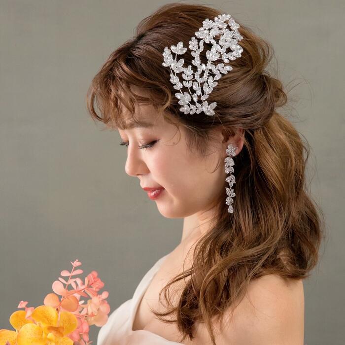 ウェディング ヘッドドレス【ケース付き】【キュービックジルコニア リーフ ヘッドドレス】ブライダル ..