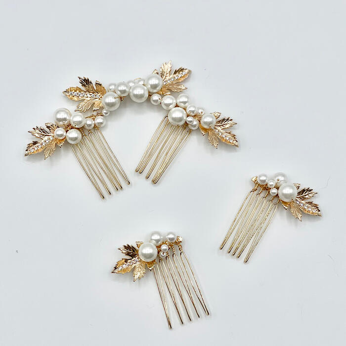 ウェディング ヘッドドレス【ケース付き】 【小枝 ゴールド リーフ パール 3P ヘッドドレス】ブライダ..