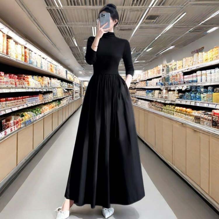 長袖 細身 マキシ丈 マキシワンピース ロングワンピース 春秋 秋冬 ワンピース レディース スリム モックネック インナー ドッキングワンピース ハイネック ドッキングワンピース ワンピース フレアワンピース blissful-10004518 プチギフト雑貨店 BLISSFUL サンプル画像2