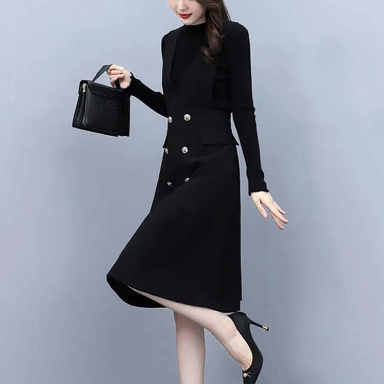 スーツ ママ レディース セットアップ ワンピーススーツ 重ね着風 フォーマルスーツ vネック スカート Aライン 長袖 膝丈スカート 入学式 卒業式 卒園式 七五三 お宮参り バレンタインデー 通勤 母親 黒 ブラック 20代 30代 40代 50代 送料無料