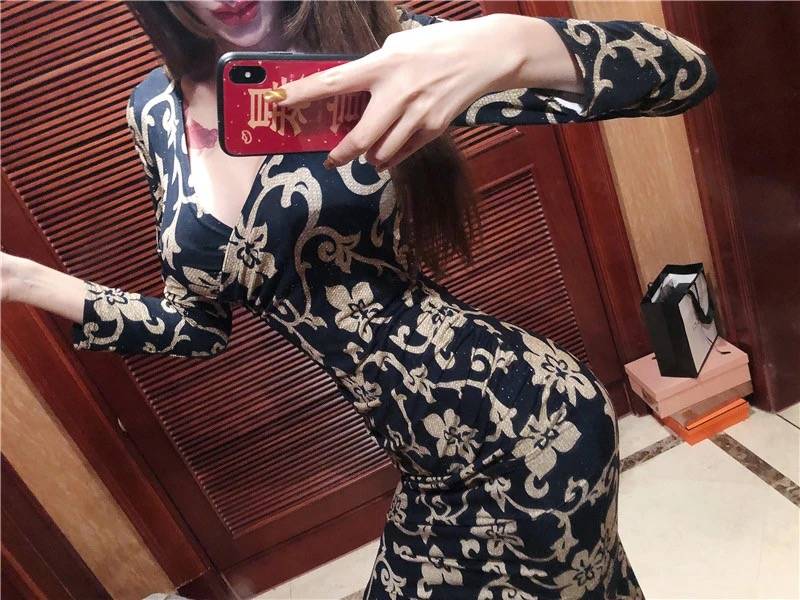 樂天商城 - タイトワンピース きれいめ セクシー Vネック レディース 長袖 花柄 ロング丈 スリム 上品 着痩せ ワンピース 韓国風 女性用 20代30代40代 エレガント