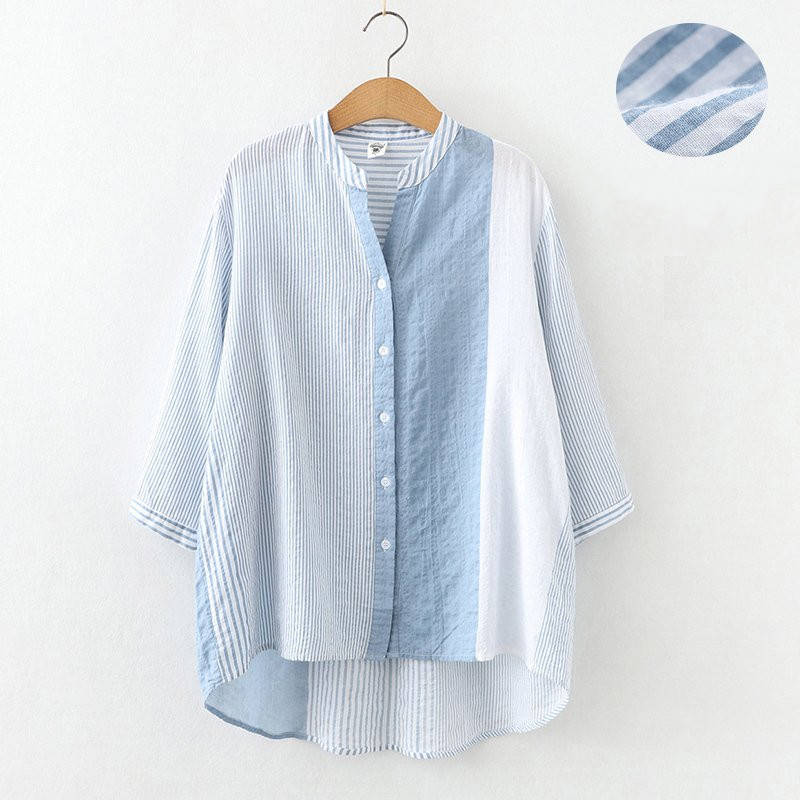 樂天商城 - レディース 7分袖 トップス tシャツ トップス 夏 vネック シャツ ストライプ柄 コットンシャツ 前開け 薄手 綿 ゆったり 体型カバー 涼しい 40代