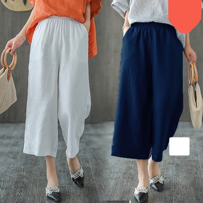 樂天商城 - 綿麻パンツ レディース七分丈 ワイトパンツ リネン 春夏新作 ワイトズボン 黒 大きいサイズ ストレートパンツ ハイウエスト オシャレ ボトムス 着痩せ 通勤