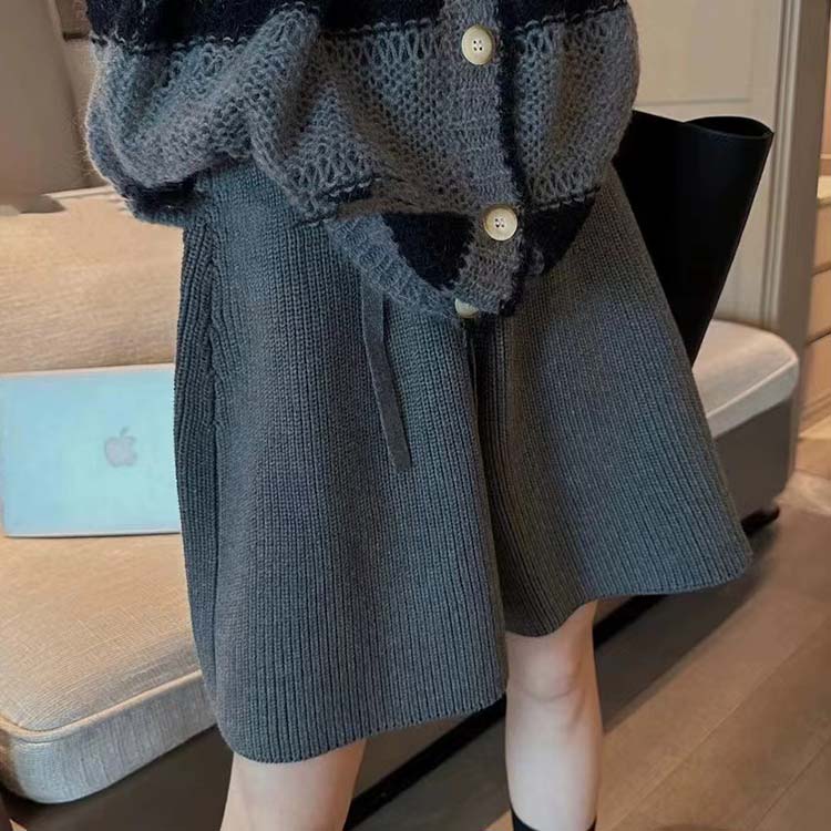 ニット ハーフパンツ ショートパンツ 秋 冬 レディース ボトムス ウェストゴム Aライン ワイド パンツ スカーチョ ショーパン きれいめ おしゃれ レイヤード 重ね着