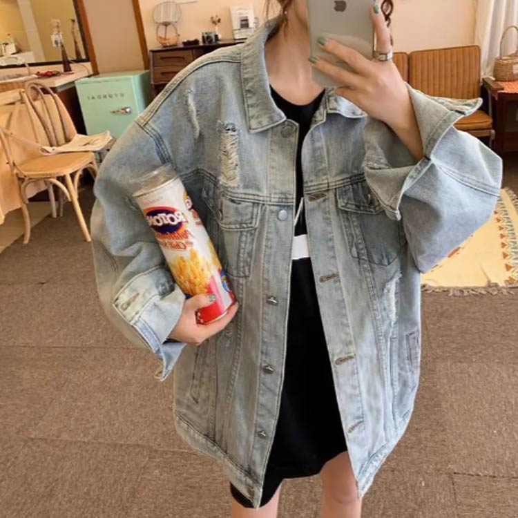 ダメージ アウター オーバーサイズ デニム Gジャン デニムジャケット 夏 ゆったり ストリート レディース 超ポイントアップ祭 コート カジュアル ビッグシルエット 冬 羽織り ミディアム丈 秋 大きめ 抜き襟 春 ジージャン