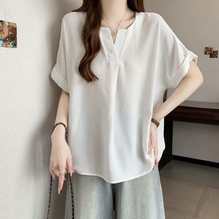 半袖 ブラウス シャツ レディース トップス 薄手 Vネック 涼しい シャツブラウス ゆったり きれいめ 二の腕カバー カジュアル 体型カバー 大人 シンプル ビジネス 通勤 blissful-10005178 プチギフト雑貨店 BLISSFUL サンプル画像3