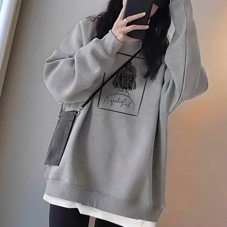 裏起毛 薄手 トレーナー 長袖 パーカー レディース スウェット レイヤード風 カットソー ゆったり ロングtシャツ 体型カバー 大きいサイズ クルーネック カジュアル ビッグシルエット 着回し シンプル blissful-10006177 プチギフト雑貨店 BLISSFUL サンプル画像2
