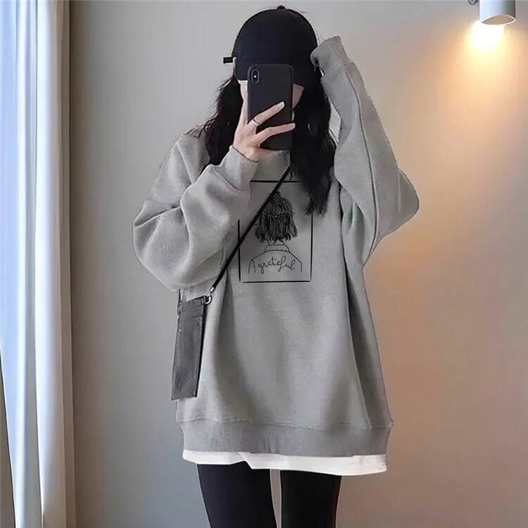 裏起毛 薄手 トレーナー 長袖 パーカー レディース スウェット レイヤード風 カットソー ゆったり ロングtシャツ 体型カバー 大きいサイズ クルーネック カジュアル ビッグシルエット 着回し シンプル blissful-10006177 プチギフト雑貨店 BLISSFUL サンプル画像3
