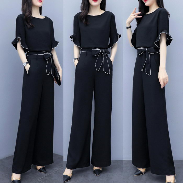 THOM WILLS セットアップ レディース 春夏 オシャレセットアップ 半袖ブラウス 黒 ロング丈ワイドパンツ シフォンセット カジュアル 韓国風 通勤 40代 大きいサイズ