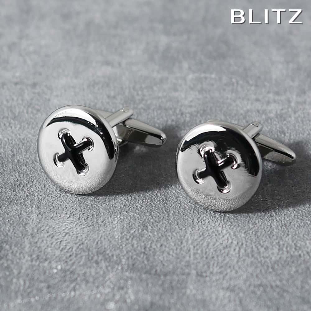 【BLITZ】 カフス カフスボタン オシャレ シャツ シルバー ボタン 黒糸 メンズ カフリンクス CUFFS CUFFLINKS スーツ おしゃれ 紳士 シ...