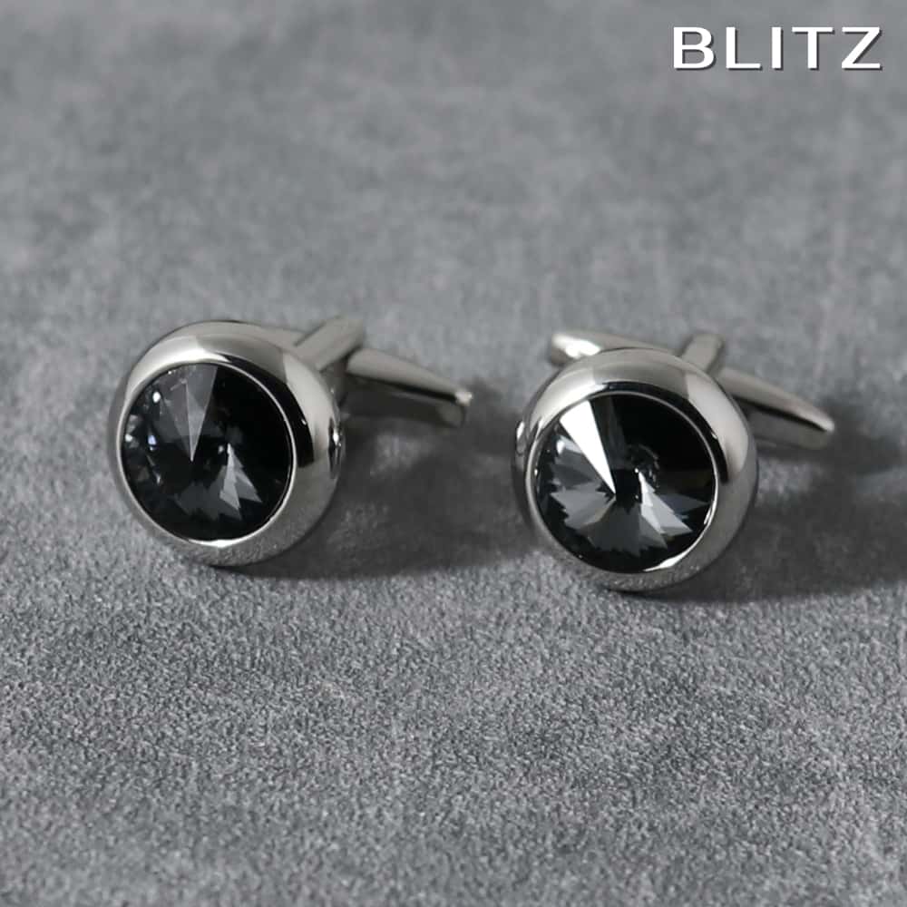 【BLITZ】 カフス カフスボタン オシャレ シャツ シルバー クリスタル ストーン 黒色 ブラック メンズ カフリンクス CUFFS CUFFLINKS ス...